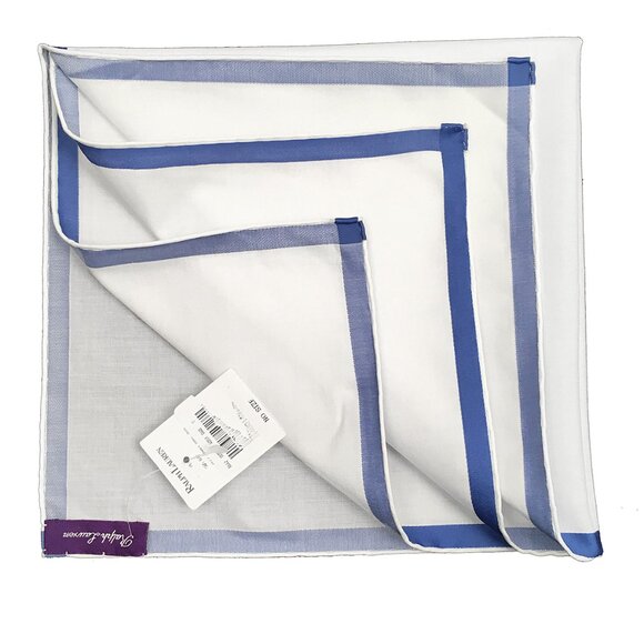 NEW Ralph Lauren Purple Label Linen Pocket Square!  White With Blue Border - Picture 2 of 2